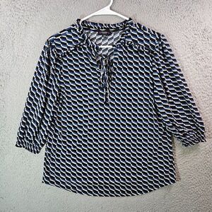 Cocomo Top Blouse Women Petite Medium Tie Nek Geometric Blue Black Beige‎